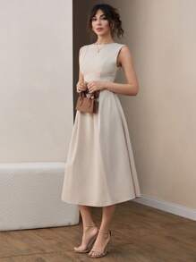 CLARA VERO Urban Chic Boat Neck Pleated Wide Circle Hem Timeless Midi Dress - Champagne - View 5