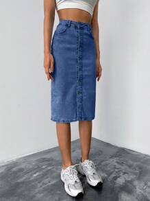 EURMUSE Women's Casual Washed Front Button Fitted Denim Mini Skirt - Medium Wash - View 3