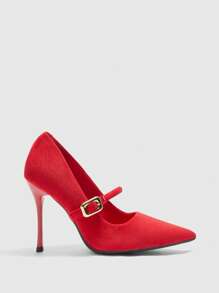 CUCCOO BIZCHIC Women's Fashionable Elegant Simple Solid Color Pointed Toe Back Open High Heel Pumps - Red - View 2