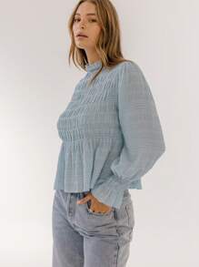 Aralina Boho Chic Shirred Long Sleeve Dobby Blouse - Dusty Blue - View 4