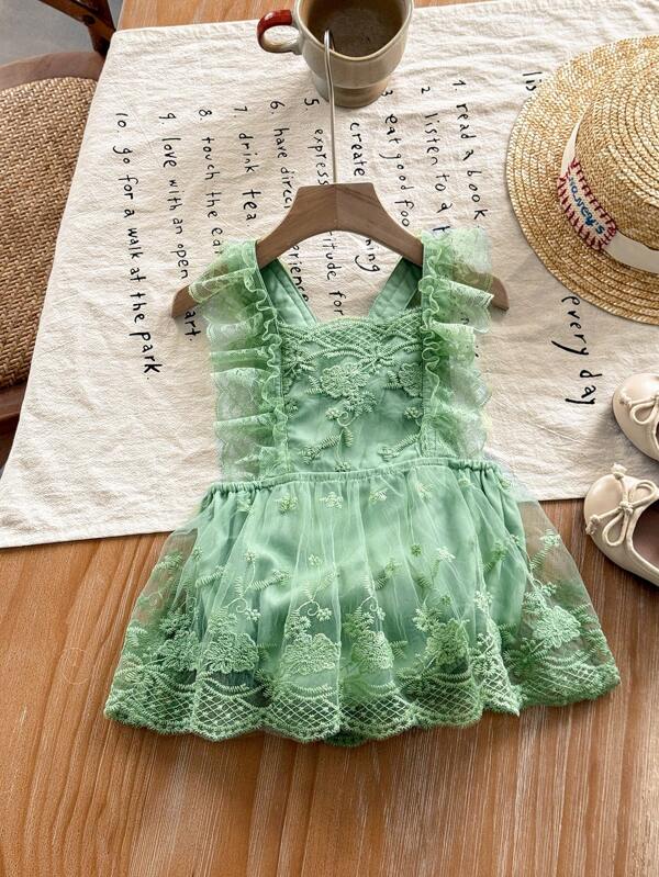 SHEIN Baby Girls Cute & Fun Elegant Luxury Vintage Lace Jacquard Mesh Green Dress, Suitable For Holidays, Parties, Birthday Photos, 0-18M Infants, Outdoor Activities & Vacations, Spring/Summer