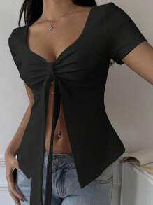 SHEIN EZwear Damen Lässig schwarzes Strick-T-Shirt mit Bindedetail, Schlitz-Saum und Kurzarm