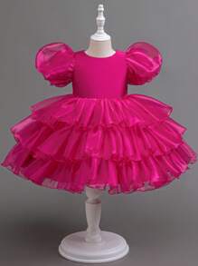 Glamorique Kids 年轻女孩组合网眼泡泡袖荷叶边下摆派对连衣裙