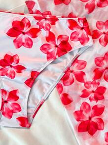 SHEIN Leap Crew Teen Girls Spring & Summer Clean Girl, Light Pink, White, Floral Print Bikini Set With Wrap Skirt 3 Pieces Swimwear, Vacation/Holiday, Vintage//Beach/Sea/Elegant/Cute - Red - View 3