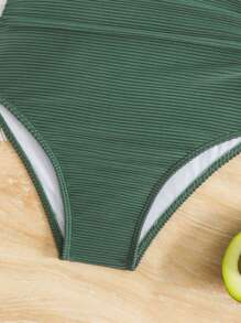 SHEIN 1pc Tween Girl One-Piece Swimsuit, Striped Fabric Flare Design Green Zipper Easy-To-Wear Children One-Piece Swimwear, Fashion Casual Elegant Ladylike Suitable For Swimming, Vacation, Summer. One-Piece Summer Swimsuit, Olive Green Color, Elegant, Adjustable Strap, Ruffle Trim, Hollow-Out Side & Back Tween Summer Cloths Tween Summer Clothes Girls Tween Kid Girl Clothes Tween Girl Clothes 14y - Olive Green - View 6