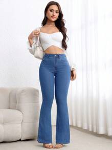 Flexra Women's Casual Versatile Slanted Pocket Flare Leg Jeans - Medium Wash - View 5