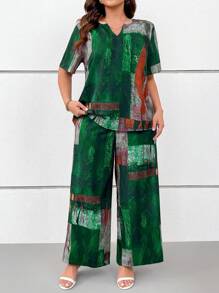 SHEIN LUNE 大码女式复古渐变色印花度假睡衣套装，含短款 V 领上衣和长裤，春夏