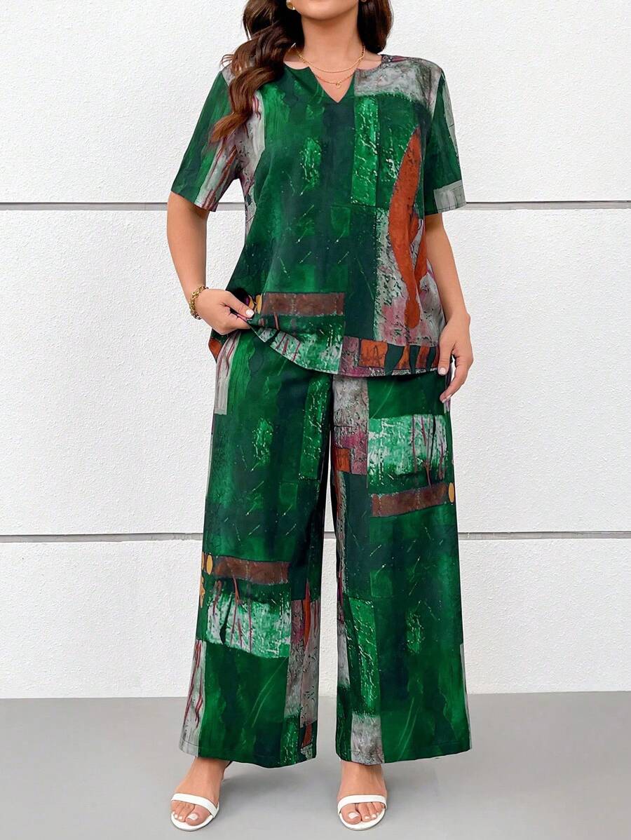 SHEIN LUNE 大码女式复古渐变色印花度假睡衣套装，含短款 V 领上衣和长裤，春夏