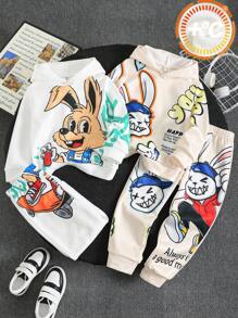 4pcs Young Boys' Cute Cartoon Fun Cute Cartoon Rabbit Animal Print Long Sleeve Sweatshirt And Pants Suit,Suitable For Traveling, Going To School And Home, Suitable For Outdoor School, Garden, Beach, Birthday, Baby Shower Party, Fall/Winter