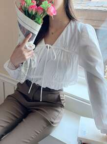 DAZY V领灯笼袖系带长袖女式衬衫，荷叶边 - 白色 - 查看 4