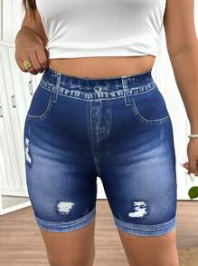 SHEIN Frenchy 加大码女式蓝色紧身裤，时尚休闲裤，采用弹性舒适面料 - 藍色 - 查看 3