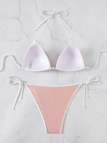 Swim SXY 2 Stücke Damen Solide Gepolstert Push-Up Glitzer Seitlich Gebundene Bandeau Bikini Set für den Strandurlaub - Pink - Übersicht 4