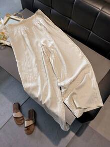 Flirla Women Plus Size Elegant Minimalist Solid Color Wide Leg Pants Fall Cloth For Women - Apricot - View 2