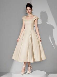 Poshira 女士正式礼服裙（重装饰）女士连衣裙女士西式连衣裙女士复活节连衣裙女士迷你连衣裙女士长袖连衣裙，毕业礼物毕业礼服，女士时尚礼服长裙，串珠设计，亮片，吊带女士夏季连衣裙，派对礼服，舞会礼服 - 杏色 - 查看 2