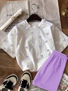 SHEIN Leap Crew 2pcs/Set Tween Girls Casual Minimalist Short Sleeve T-Shirt And Shorts Set, Summer - Multicolor - View 2