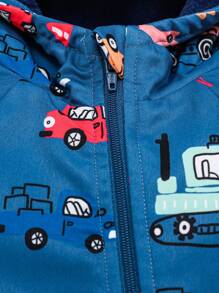 SHEIN 嬰兒男童卡通車印花連帽絨毛連體衣