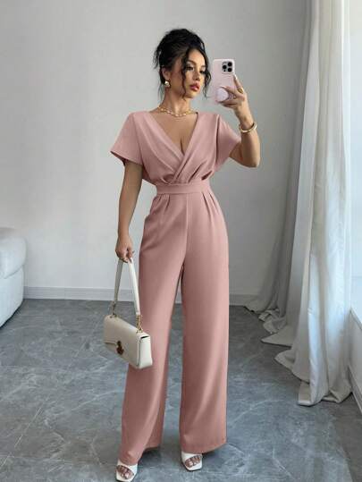 Selianne Women's Cinched Waist Pleated Casual Jumpsuit, Minimalist & Fashionable, Solid Color, Summer