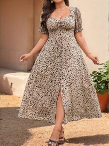 SHEIN Clasi Plus Size Women's Vacation Ditsy Floral Short Sleeve Elegant Dress - Multicolor - View 7