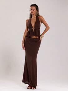 SHEIN BAE Solid Color Halter Backless Top And Skirt Sexy 2 Pieces Set - Coffee Brown - View 1