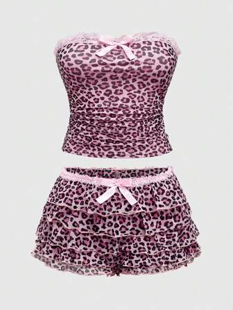 J-Fashion Y2K Harajuku Leopard Print Camisole Top And Shorts 2 Pieces Set, Plus Size For Women