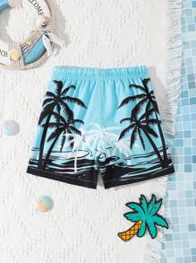 Young Boy Blue Beach Wave & Coconut Tree Print Swim Trunks, Random Print Pattern, Comfortable Swimwear