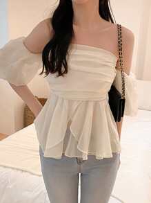 DAZY 女士优雅简约纯色露肩衬衫，荷叶边秋季 - 白色 - 查看 7