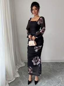 Modelyn Women's Floral Print Elegant Square Neck Tie Waist Midi Dress Maxi Women Outfit Long Evening Dresses - Champagne - View 4