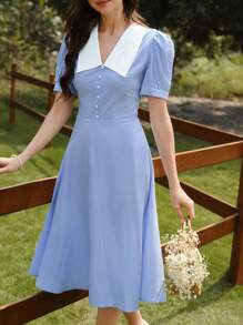 Vintamour 复古优雅女式格子纽扣休闲连衣裙度假茶会太阳裙女士夏季服装女士夏季连衣裙女士复活节连衣裙女士春季服装夏季服装女士度假服装婚礼宾客连衣裙女士春季连衣裙女士连衣裙夏季太阳裙女士连衣裙女士优雅度假服装女士生日连衣裙蓝色连衣裙度假连衣裙复活节服装女士 - 藍白色 - 查看 4