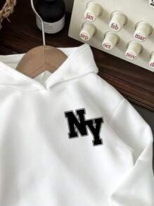 SHEIN 青少年男孩休闲简约纽约卡通图案宽松厚连帽运动衫秋冬季 - 白色 - 查看 3