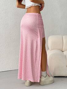 SHEIN EZwear Váy dài xẻ tà họa tiết hoa đơn giản xếp ly cho nữ khi đi nghỉ - Màu Hồng baby - Xem 2