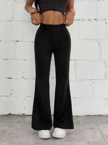 SHEIN PETITE 女式休闲纯色修身喇叭裤，春夏 - 黑色 - 查看 3