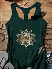 SHEIN LUNE Plus Size Women Casual Minimalist Lotus Racerback Tank Top, Suitable For Summer Back To School - Dark Green - View 1