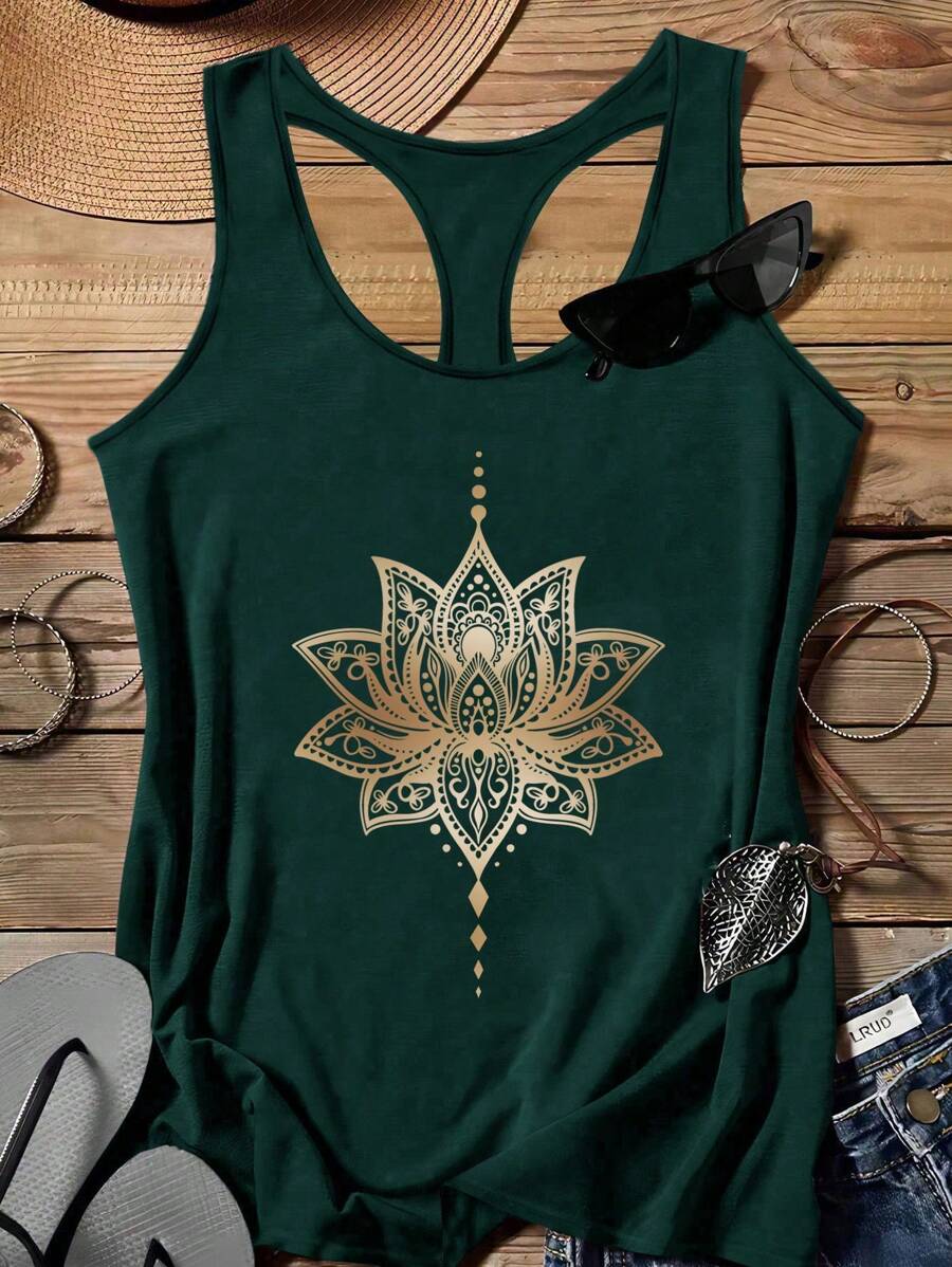 SHEIN LUNE Plus Size Women Casual Minimalist Lotus Racerback Tank Top, Suitable For Summer Back To School - Dark Green - View 1