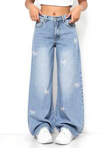 Tween Girls Fashion Light Blue Washed Denim Butterfly Rhinestone Embellished Loose Wide Leg Casual Elastic Waist Jeans - Light Wash - View 1