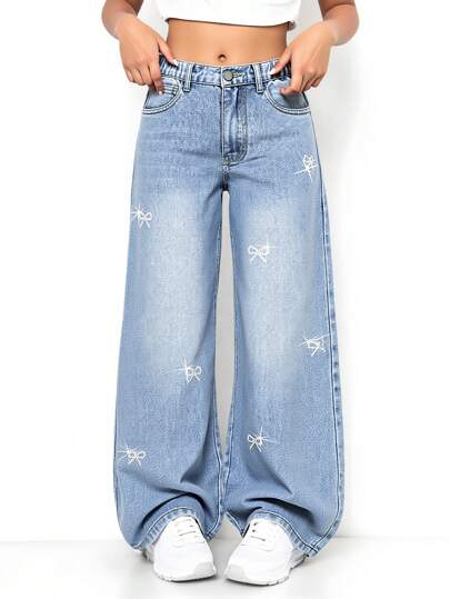 Tween Girls Fashion Light Blue Washed Denim Bow Rhinestone Embellished Loose Wide Leg Casual Elastic Waist Jeans