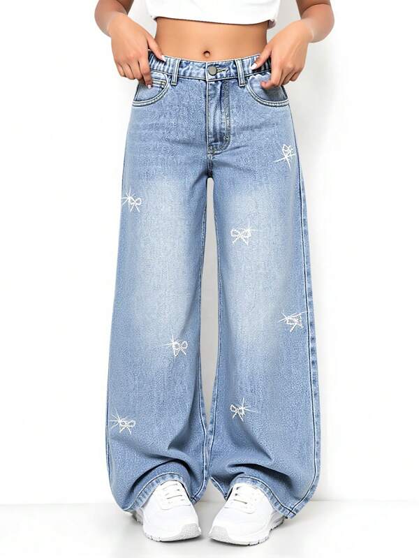 Tween Girls Fashion Light Blue Washed Denim Bow Rhinestone Embellished Loose Wide Leg Casual Elastic Waist Jeans