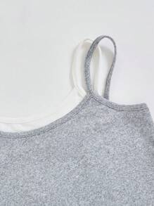 2pcs/Set Young Girl' Simple Solid Color Spaghetti Strap Top And Wide Leg Pants Comfortable Street Casual Suit - Grey - View 3