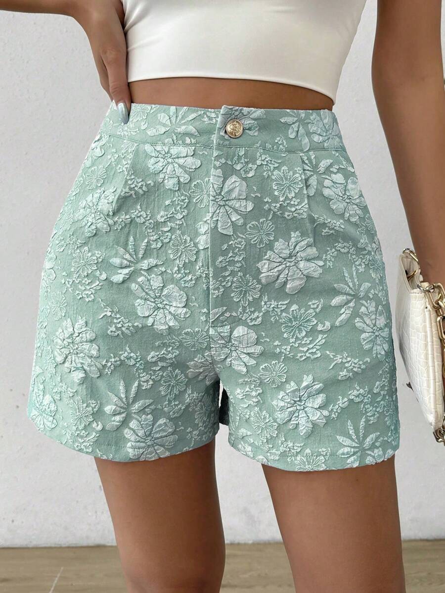 Flirla Quần short cắt ngẫu nhiên họa tiết hoa Jacquard rộng rãi thời trang cho nữ - màu xanh lá - Xem 1