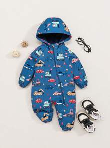 SHEIN 嬰兒男童卡通車印花連帽絨毛連體衣