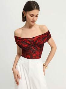GENKIRA Red Ankura Floral Print Random Mesh Wrap Off Shoulder Romantic Elegant High-End Design Waist-Cinched Bodysuit For Women All Over Print  For Summer - Red - View 4