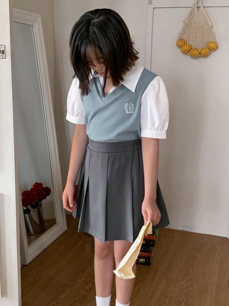 Tween Girl Minimalist Style Short Sleeve Top And Skirt 2 Pieces Set, Suitable For Summer,Back To School Clothes