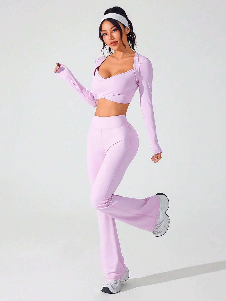SHEIN Sovereign Charm Women Minimalist Solid Color Cropped Top And Flared Pants Sports Suit - Pink - View 1