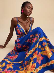 Travachic 女士 V 领印花连衣裙，夏季度假装 - 藏蓝色 - 查看 7