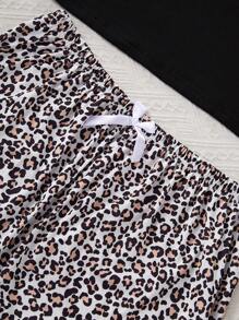 SHEIN Set de pijama de 3 piezas de talla grande con unicolor y estampado de leopardo de manga corta