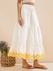 WESTFADE Western Country Spring Colorblock Floral Embroidered Smocked Waist Ruffle Hem Skirt For Summer Beach Vacation
