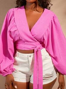 SHEIN SXY Plus Size Women's Plus Size Lantern Sleeve Shirt Dress, Linen-Like Fabric, Kimono Style Tie-Front Design, Suitable For Everyday Wear, Music Festival, Concert, Carnival Party, Beach Vacation, Date Night, Birthday, Bachelorette Party, Club, Cute, Casual, Shopping, Streetwear, Going Out, Accent Your Body, Flatter The Figure - Pink - View 3