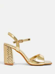 CUCCOO TILAWA Women's Gold Square Toe Thick High Heel Slides, Woven Pattern High Heels Sandals - Gold - View 4