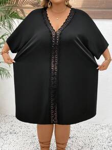 SHEIN CURVE+ Đầm che tay cánh dơi phối ren Guipure cỡ lớn phong cách Boho Holiday - màu đen - Xem 9