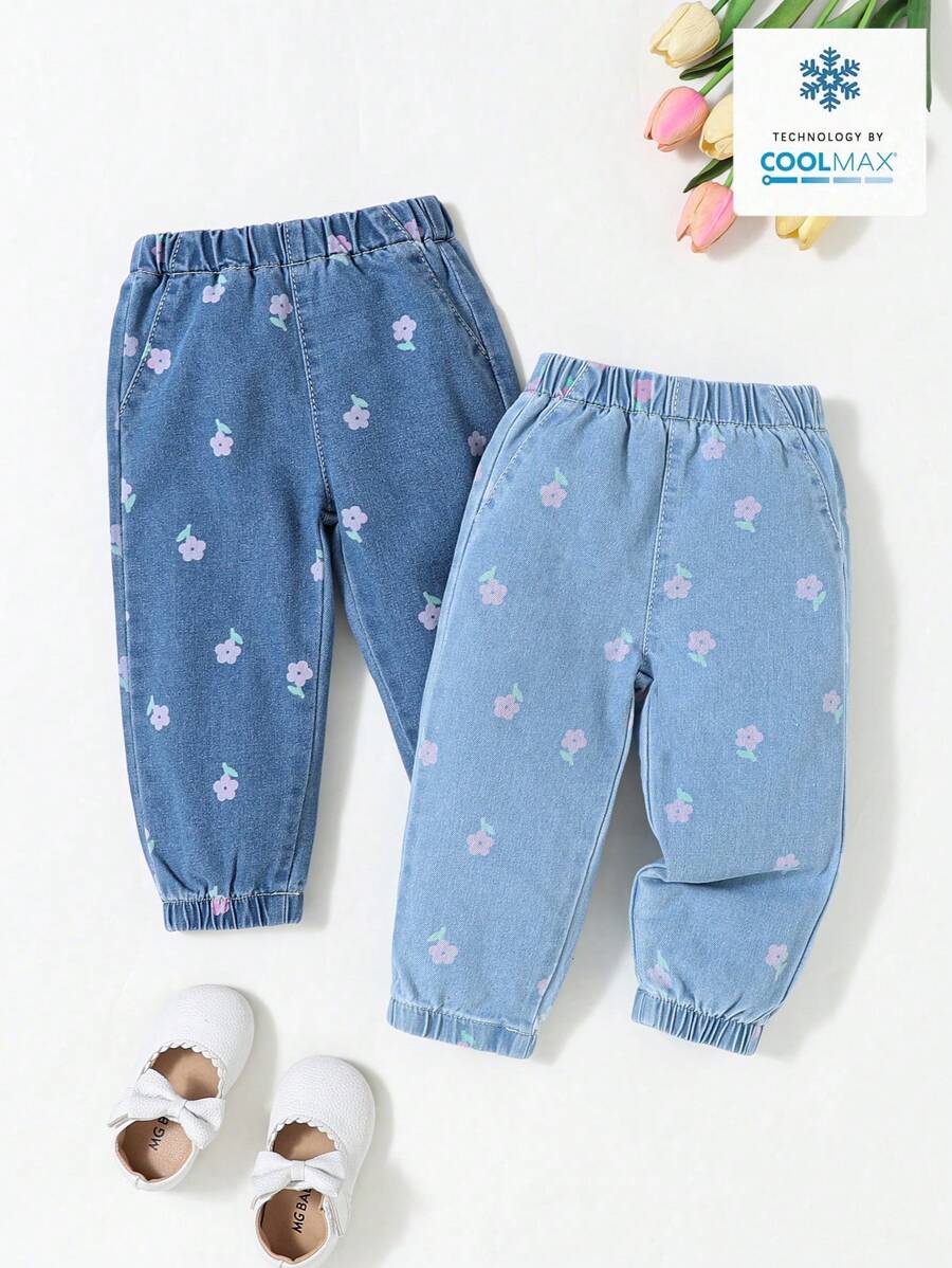 Set de 2 piezas de jeans de cintura elástica con volantes y estampado floral para niña bebé - Multicolor - Ver 1