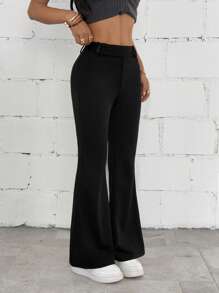 SHEIN PETITE 女式休闲纯色修身喇叭裤，春夏 - 黑色 - 查看 1